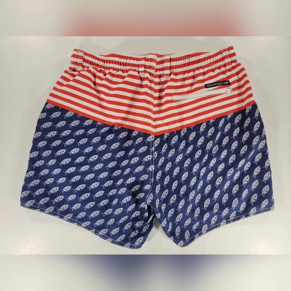 AFTCO Swim Trunks Mens Large Blue Red White USA Flag Print Bathing Suit Shorts